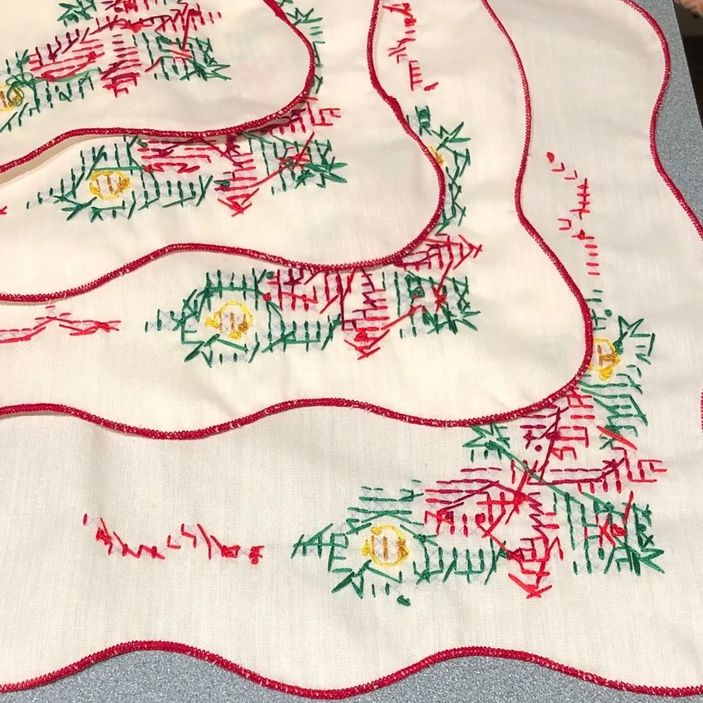Embroidered Table Linens with Red Trim